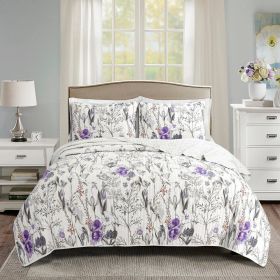 bKing Size Lightweight Purple Grey White Floral Quilt Set